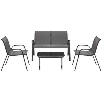 Outsunny Set da Giardino con Divano 2 Posti, 2 Poltrone Impilabili e Tavolino in Vetro, Nero