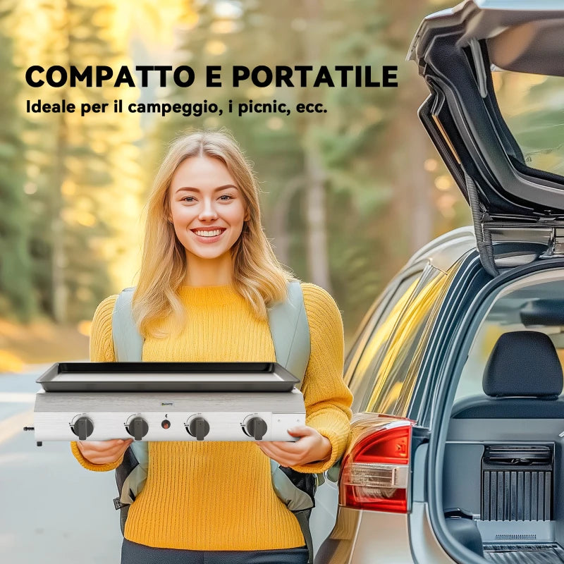 Outsunny Piastra Barbecue a Gas con 4 Bruciatori da 2.4kw e Piano Antiaderente, 77x44.5x19cm, Argento
