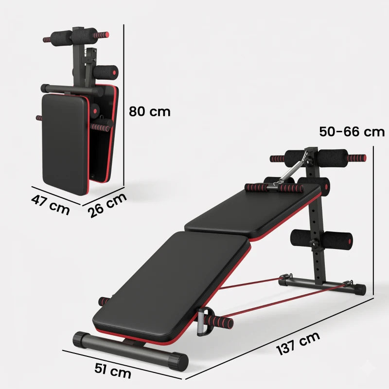 HOMCOM Panca per Addominali Pieghevole e Regolabile con Vogatore e 2 Corde, in Acciaio 51x137x50-66 cm, Nera e Rossa