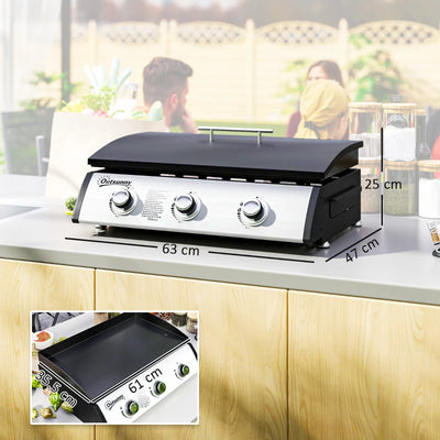 Outsunny Piastra a Gas in Acciaio Smaltato con 3 Bruciatori Potenza 7.5kW, 3 Zone di Cottura e Coperchio, Nero