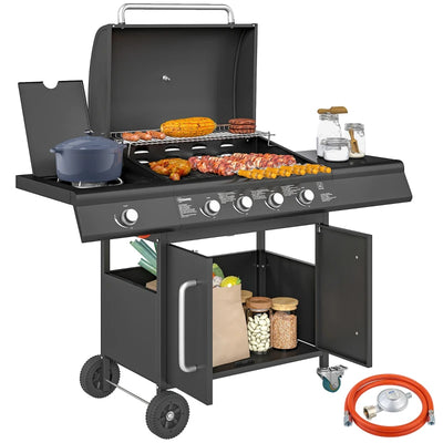 Outsunny Barbecue a Gas con Fornello Laterale, Tavolino e Armadietto, in Acciaio e PP, 129.5x56x110 cm, Nero