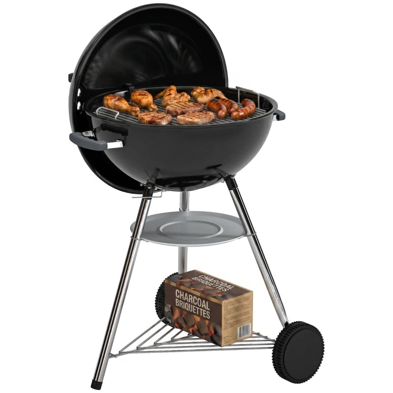 Outsunny barbecue a carbone con griglia esterna rotonda, coperchio, termometro e ruote, Nero