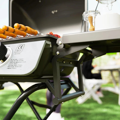 Outsunny Barbecue a Gas Portatile con 2 Bruciatori e 2 Tavolini, Coperchio con Termometro e Ruote, Nero