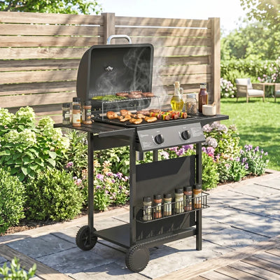 Outsunny Barbecue Gas, 2 Bruciatori, Tavolini Laterali, Vassoio Raccogli Grassi, Nero.