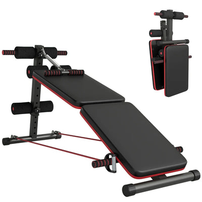 HOMCOM Panca per Addominali Pieghevole e Regolabile con Vogatore e 2 Corde, in Acciaio 51x137x50-66 cm, Nera e Rossa