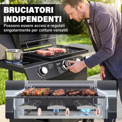 Outsunny Barbecue a Gas con Coperchio, 4 Bruciatori da 11.6kW, Fornello, Mensola e 2 Ruote, 110x50x100cm Nero
