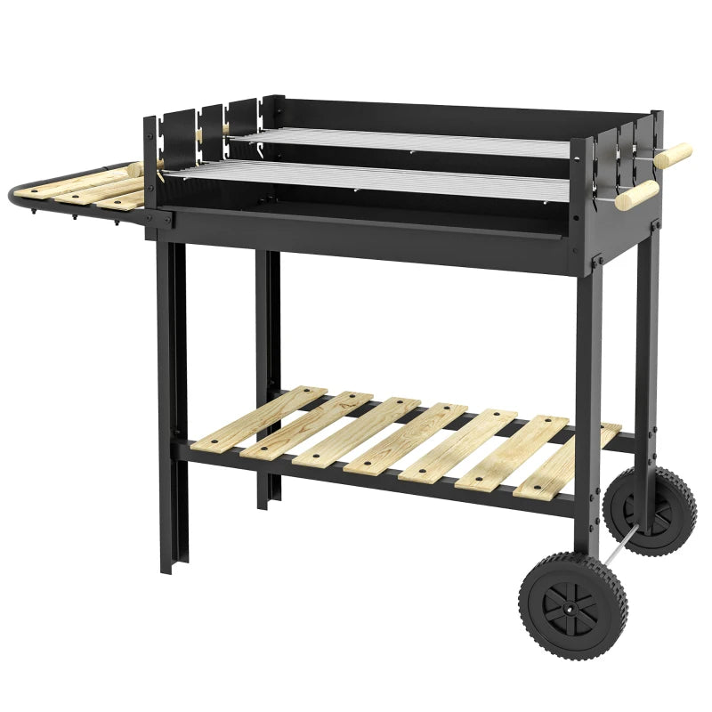 Outsunny Barbecue a Carbonella ad Altezza Regolabile con 2 Griglie e 2 Ripiani, in Metallo e Legno, 113x53.5x82.5 cm, Nera