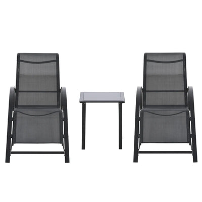 Outsunny Set 2 Lettini Prendisole e Tavolino con Ripiano, in Tessuto Traspirante e Metallo, 59x169x66 cm, Nero