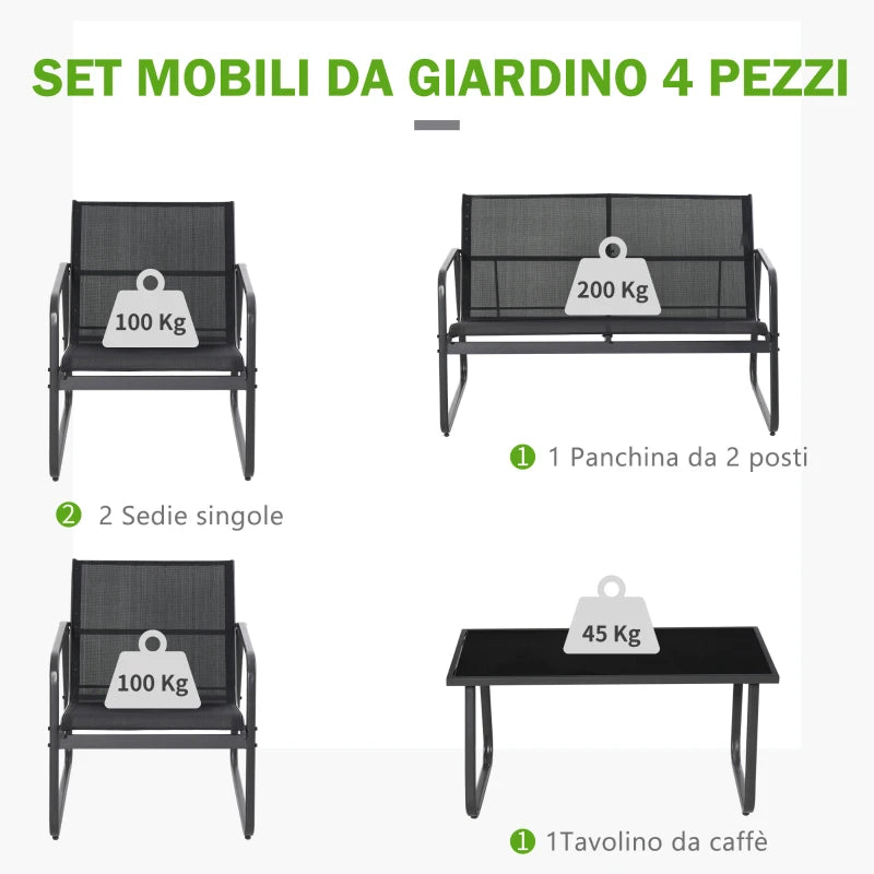 Outsunny Set Salotto da Giardino da 4 Pezzi, con Divanetto da Esterno a 2 Posti, 2 Sedie e Tavolo da Caffè in Vetro Temperato, Set di Mobili da Giardino in Metallo e Texteline, Nero