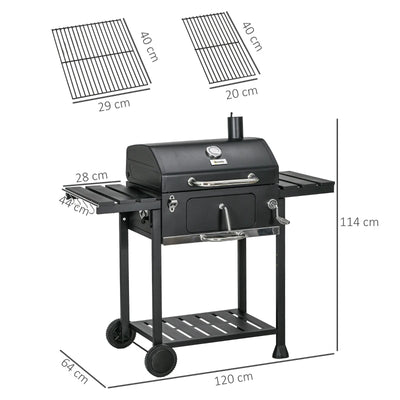 Outsunny Barbecue a Carbone con Coperchio con Termometro, Griglia Regolabile, Ruote e Tavolini, Nero