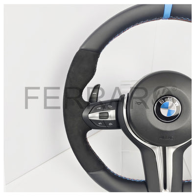 (PRENOTA) Volante per BMW, Pelle Nera, Etichetta Blu, Cromatura, Filo Multicolore