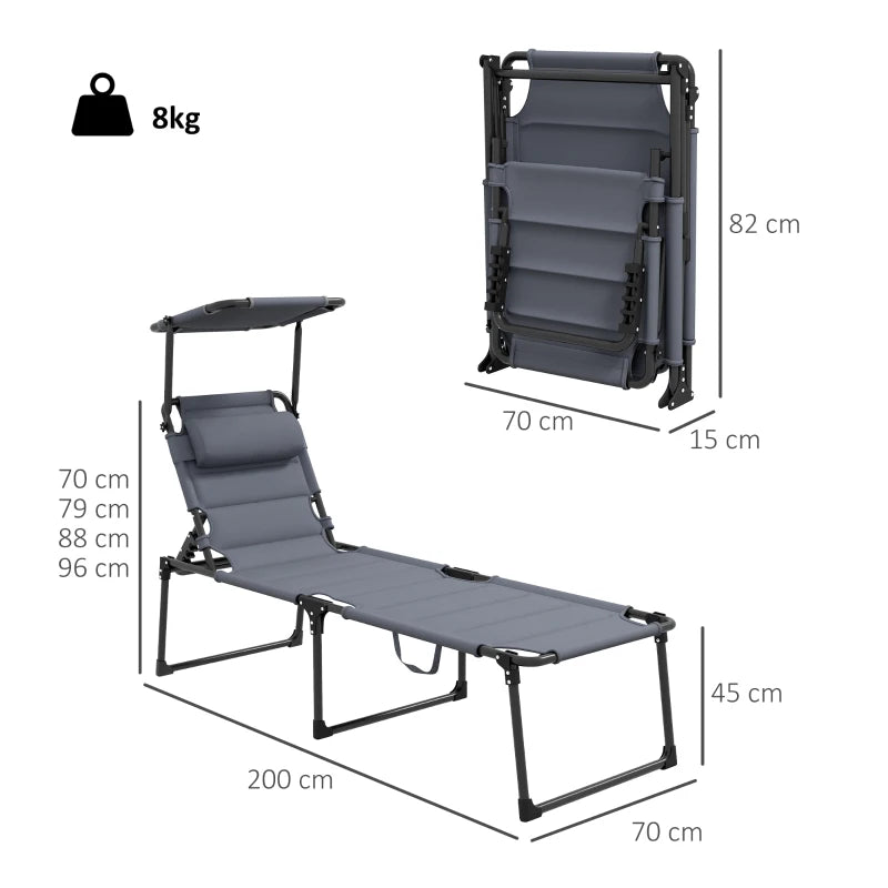 Outsunny Set 2 Lettini Prendisole Reclinabili ad Altezza Regolabile, 70x201.5x45 cm, Nero e Grigio