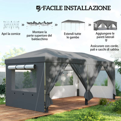 Outsunny Gazebo Pieghevole 3x6 m con 6 Pareti Laterali, Sacchi e Picchetti, in Metallo e Tessuto Oxford, Grigio Scuro