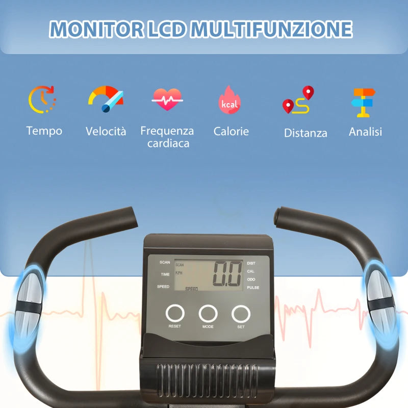 HOMCOM Cyclette Pieghevole 2 in 1, Resistenza Magnetica Regolabile 8 Livelli, Cyclette da Casa Silenziosa con Sensore Cardiaco, Sedile Regolabile, Bande Elastici, Schermo LCD, Ruote, Nero