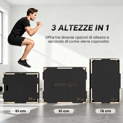 SPORTNOW Plyo Box in Legno 3 in 1, Box Pliometrico per Salti Antiscivolo con Maniglie per Allenamento in Casa Palestra, 76x61x51 cm, Nero