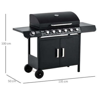 Outsunny Barbecue a Gas con Coperchio, 7 Bruciatori da 20kW, Fornello Laterale e 2 Ruote, 135x50x100 cm, Nero