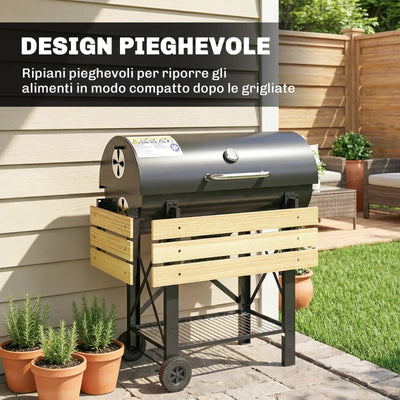 Outsunny Barbecue a Carbone, Griglia Mobile con Ripiani Pieghevoli e Termometro