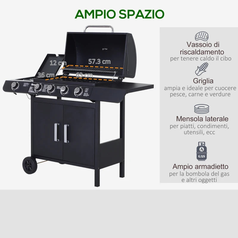 Outsunny Barbecue a Gas a 5 Fornelli con Ripiani Laterali e Armadietto, in Acciaio e PP, 125x51x100 cm, Nero