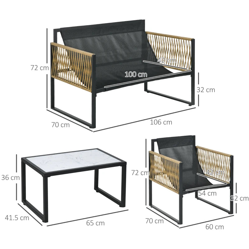 Outsunny Set da Giardino 4 Pezzi in Rattan con Divanetto, 2 Sedie e Tavolino da Caffè, Nero, Marrone e Crema