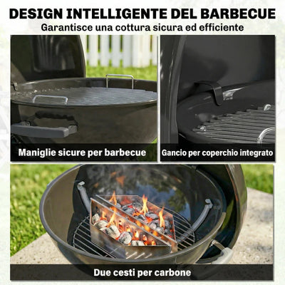 Outsunny barbecue a carbone con griglia esterna rotonda, coperchio, termometro e ruote, Nero