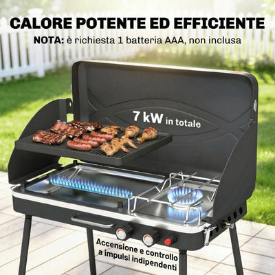 Outsunny BBQ a Gas Propano Portatile 2-in-1 con Griglia e Fornello, 7KW, Nero