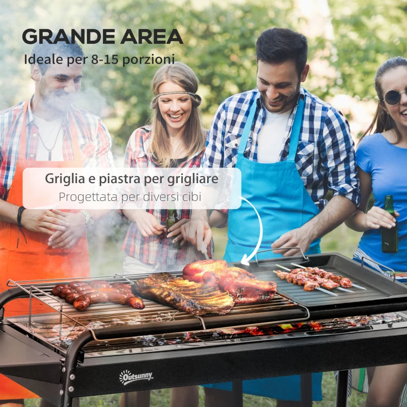 Outsunny Barbecue a Carbonella con Griglia e Piastra in Acciaio con Ripiani Laterali, 113x59x83.5cm, Nero