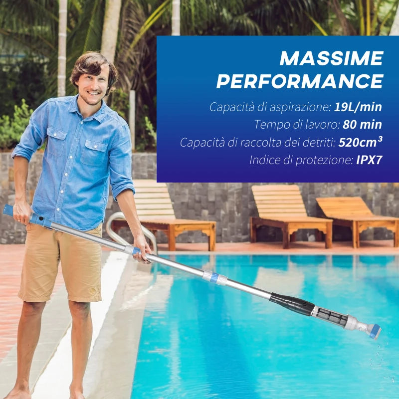 Outsunny Aspirapolvere per Piscina Portatile e Cordless con Asta a 3 Livelli, Ø6x106-162 cm, Blu e Bianco