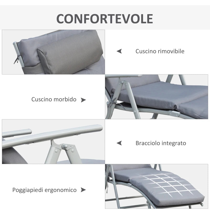 Outsunny Sdraio Da Giardino Pieghevole e Reclinabile su 7 Livelli con Cuscino e Materassino, 137x63.5x100.5 cm, Grigio