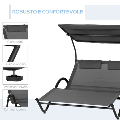 Outsunny Lettino Prendisole Reclinabile a 2 Posti con Ruote, Poggiatesta Imbottito e Tetto, 200x137x138 cm, Grigio