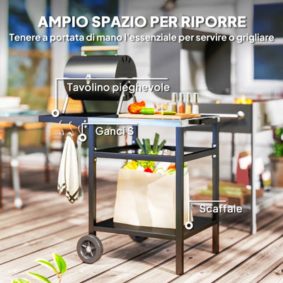 Outsunny Carrello per Barbecue con Piano in Acciaio e Ripiano Richiudibile, Ruote e Ganci, 91x58x76 cm, Nero