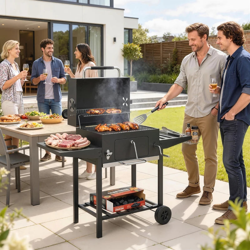 Outsunny Barbecue a Carbone a Rotelle con Griglia Regolabile e Ripiani Pieghevoli, in Acciaio e PP, 133.5x65x110 cm, Nero