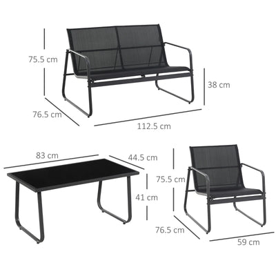 Outsunny Set Salotto da Giardino da 4 Pezzi, con Divanetto da Esterno a 2 Posti, 2 Sedie e Tavolo da Caffè in Vetro Temperato, Set di Mobili da Giardino in Metallo e Texteline, Nero