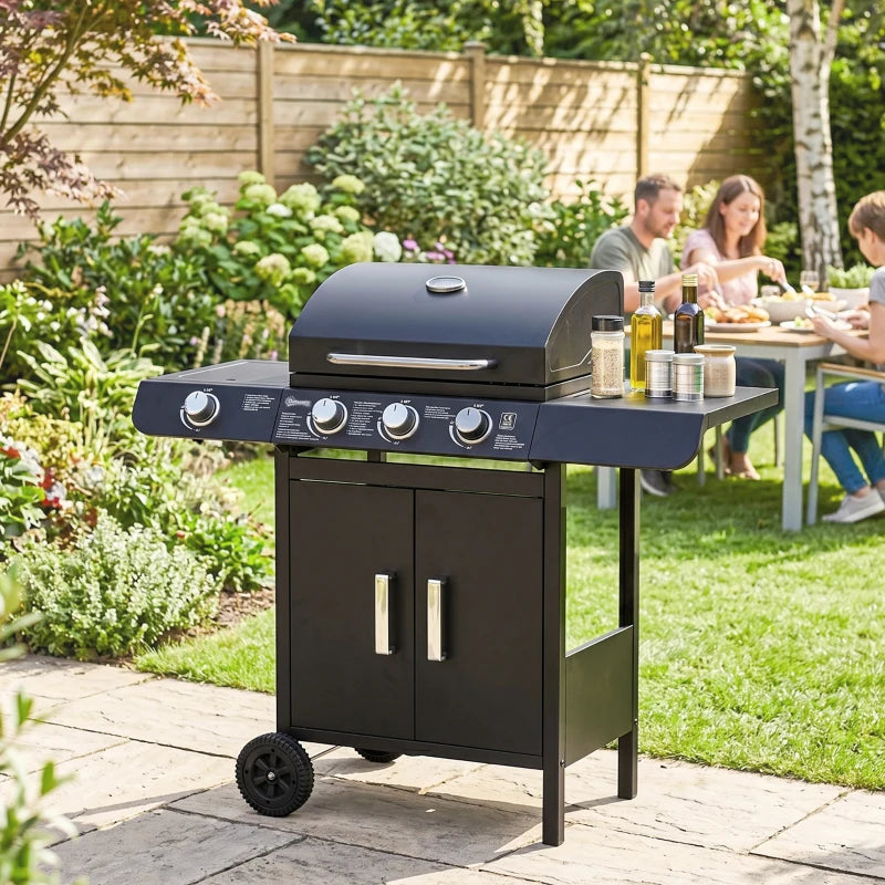 Outsunny Barbecue a Gas con Coperchio, 4 Bruciatori da 11.6kW, Fornello, Mensola e 2 Ruote, 110x50x100cm Nero