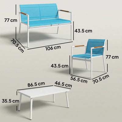 Outsunny Set Giardino 4 Posti Divano, Poltrone, Tavolo in Metallo, Blu.