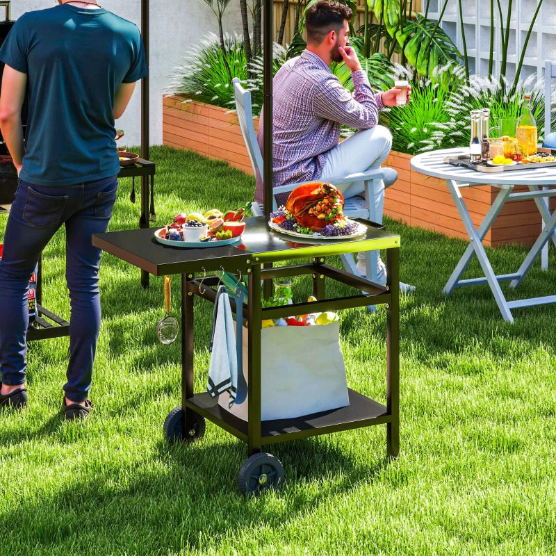 Outsunny Carrello per Barbecue con Piano in Acciaio e Ripiano Richiudibile, Ruote e Ganci, 91x58x76 cm, Nero