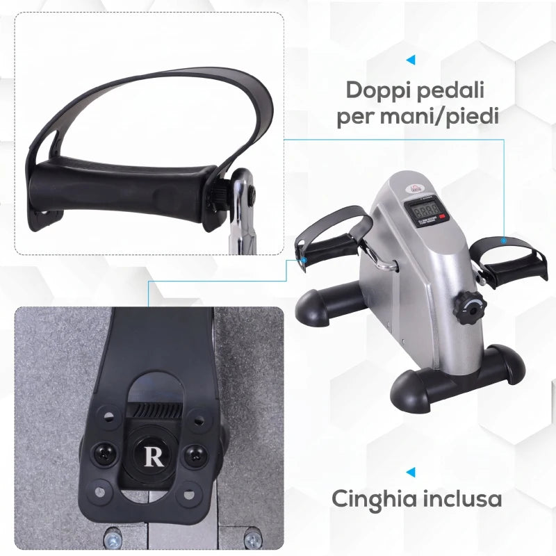 HOMCOM Mini Cyclette Portatile per Gambe e Braccia, Pedaliera per Riabilitazione con Display LCD, Argento