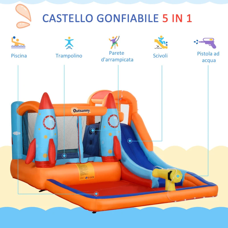 Outsunny Castello Gonfiabile per Bambini Piscina con Scivolo e Trampolino, Pompa Elettrica, 350x250x185cm, Multicolore