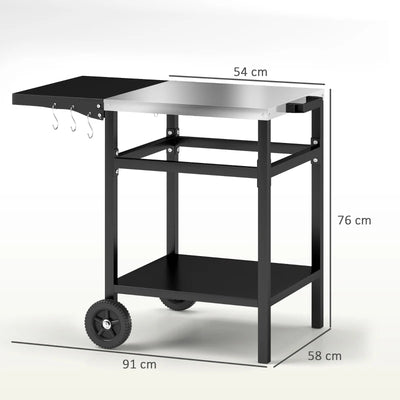 Outsunny Carrello per Barbecue con Piano in Acciaio e Ripiano Richiudibile, Ruote e Ganci, 91x58x76 cm, Nero