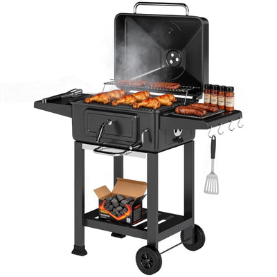 Outsunny Barbecue a Carbone, Affumicatore Portatile con Ventilazione, Termometro e Mensole Laterali, Nero