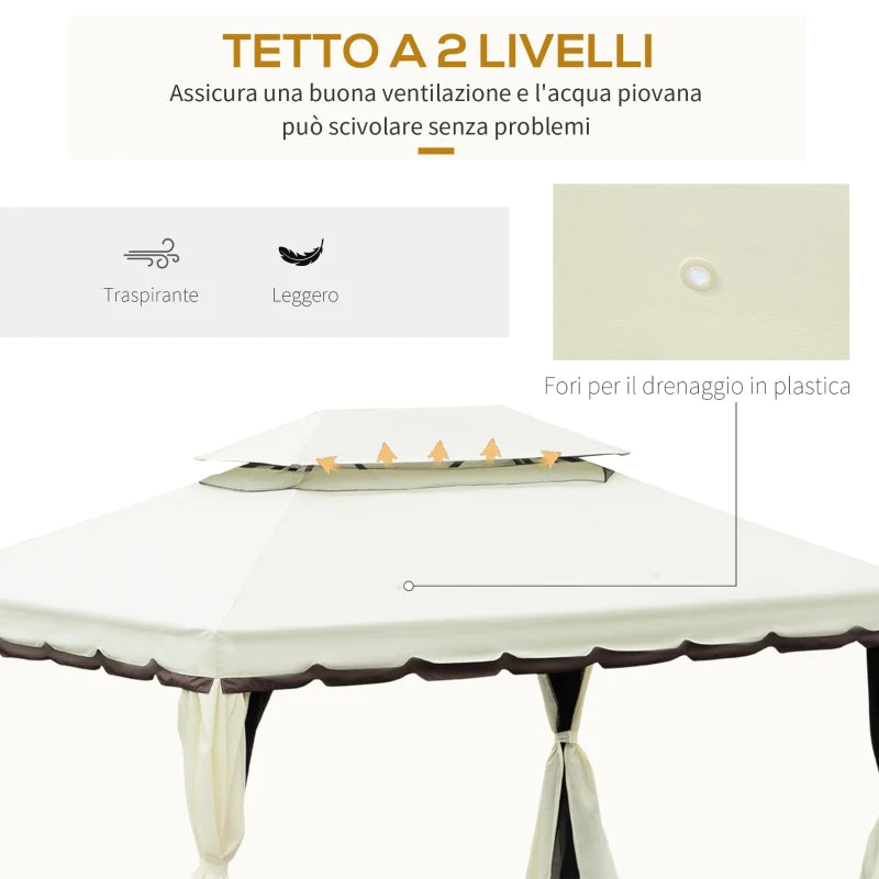 Outsunny Gazebo da Giardino 4x3m con Zanzariera, Tende e Doppio Tetto in Alluminio e Poliestere, Crema