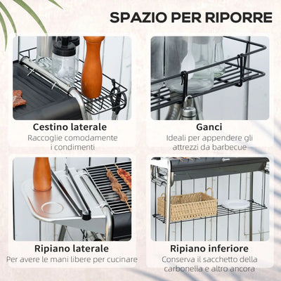 Outsunny Barbecue a Carbonella con Griglia e Piastra di Cottura, Cestino e Ripiani, 107x63x75cm, Nero