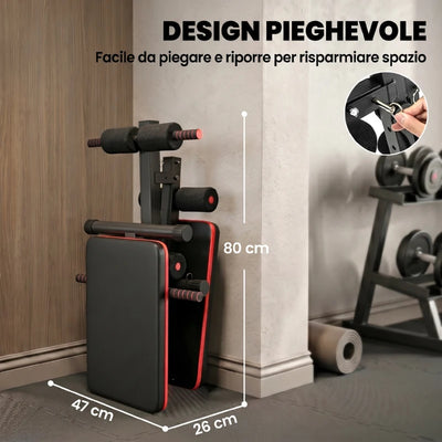 HOMCOM Panca per Addominali Pieghevole e Regolabile con Vogatore e 2 Corde, in Acciaio 51x137x50-66 cm, Nera e Rossa