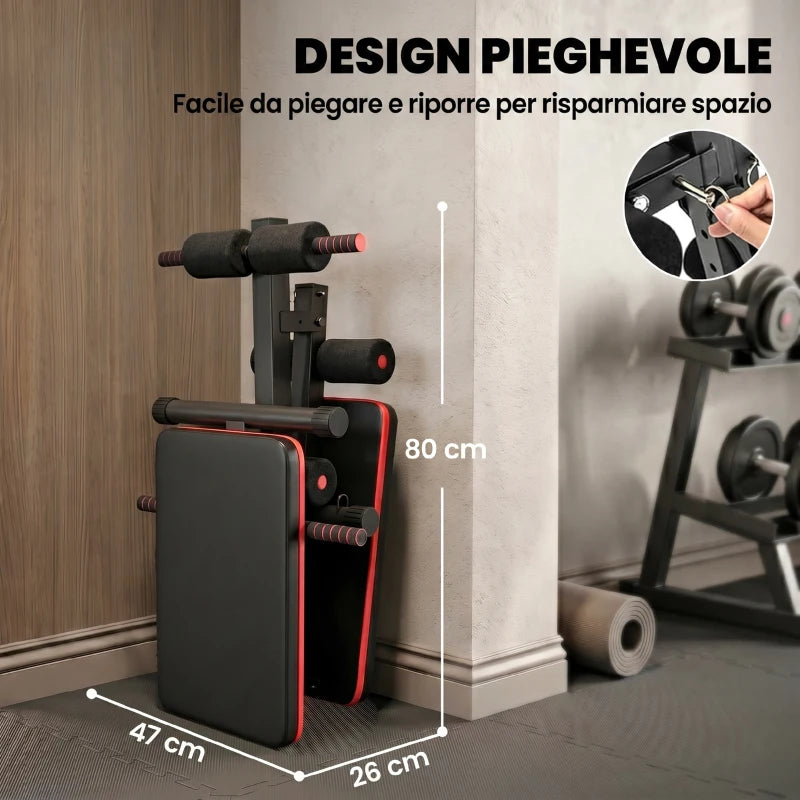 HOMCOM Panca per Addominali Pieghevole e Regolabile con Vogatore e 2 Corde, in Acciaio 51x137x50-66 cm, Nera e Rossa