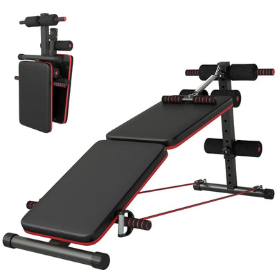 HOMCOM Panca per Addominali Pieghevole e Regolabile con Vogatore e 2 Corde, in Acciaio 51x137x50-66 cm, Nera e Rossa