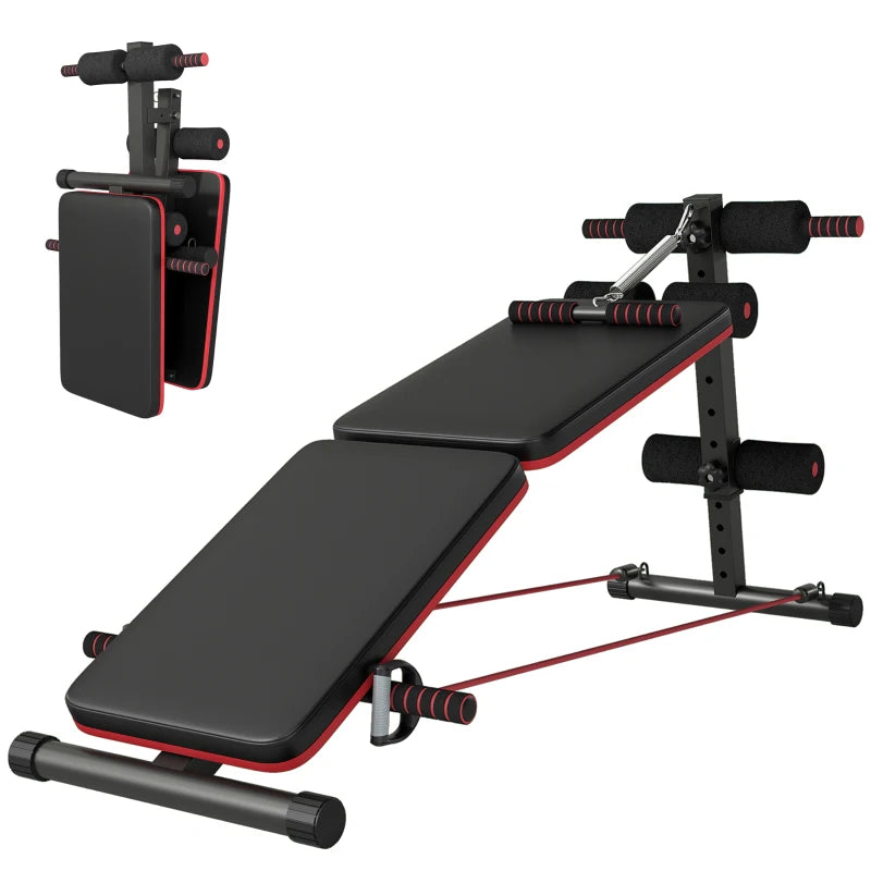 HOMCOM Panca per Addominali Pieghevole e Regolabile con Vogatore e 2 Corde, in Acciaio 51x137x50-66 cm, Nera e Rossa