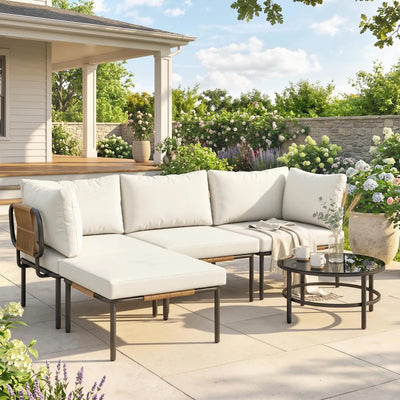 Outsunny Set da Giardino 5 Pezzi in Rattan Modulabile con Divano a L, Tavolino e Cuscini, Cachi