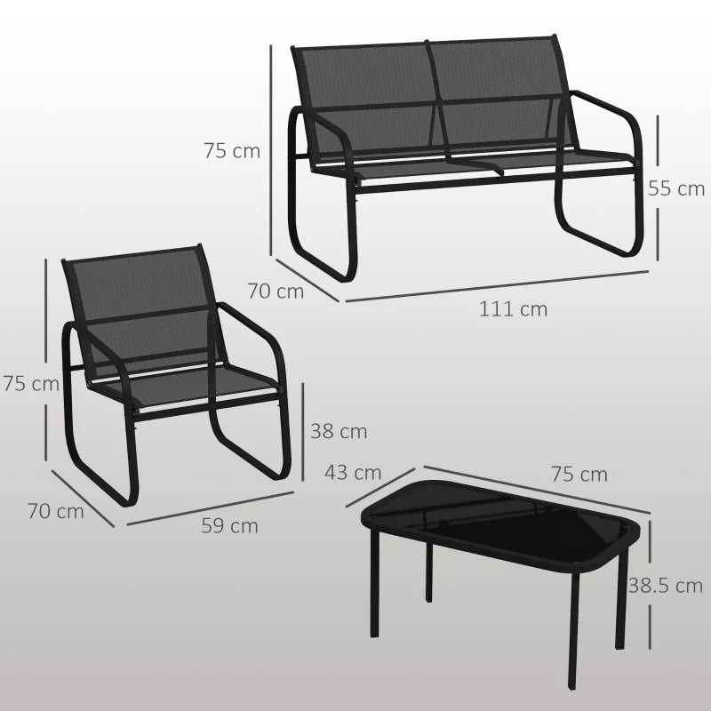 Outsunny Set da Giardino con 2 Divani 2 Posti, 2 Poltrone e un Tavolino da Caffè con Piano in Vetro, Nero