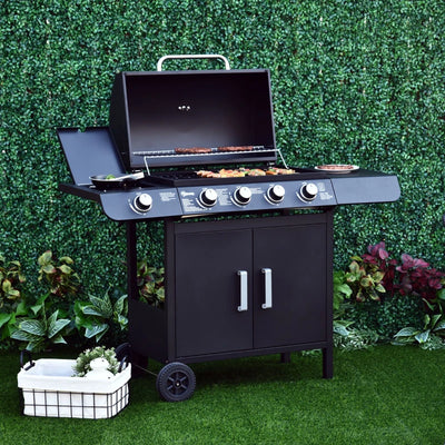 Outsunny Barbecue a Gas a 5 Fornelli con Ripiani Laterali e Armadietto, in Acciaio e PP, 125x51x100 cm, Nero