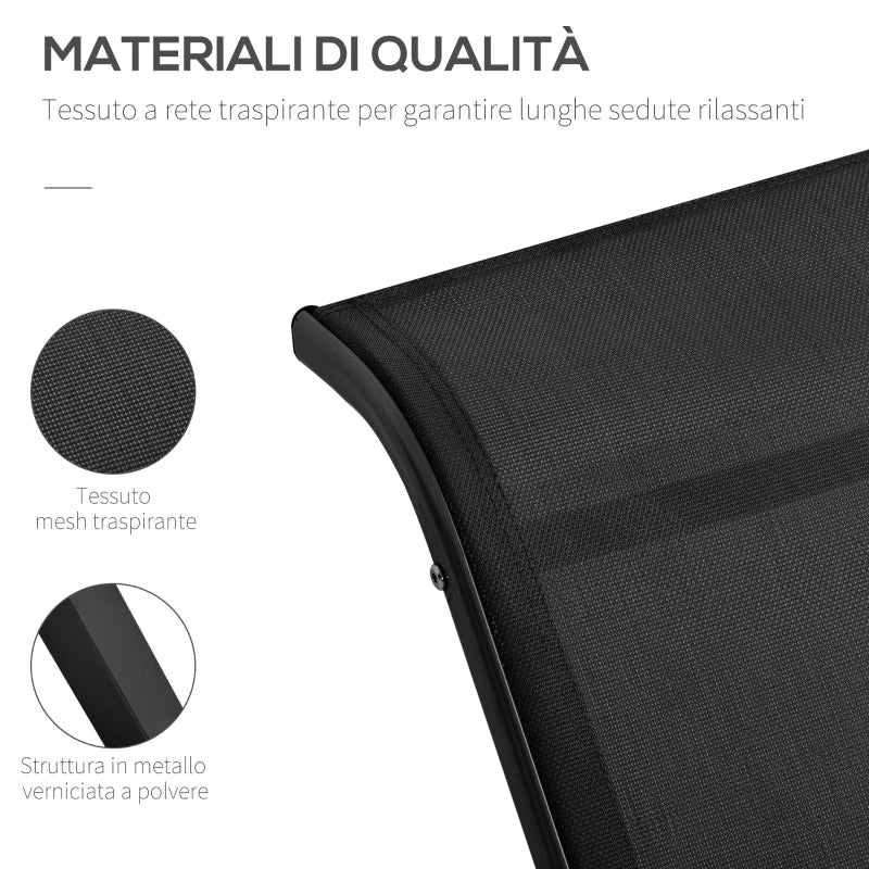 Outsunny Set 2 Lettini Prendisole e Tavolino con Ripiano, in Tessuto Traspirante e Metallo, 59x169x66 cm, Nero