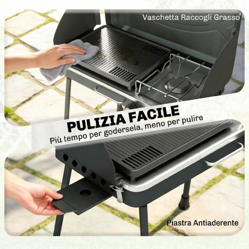 Outsunny BBQ a Gas Propano Portatile 2-in-1 con Griglia e Fornello, 7KW, Nero